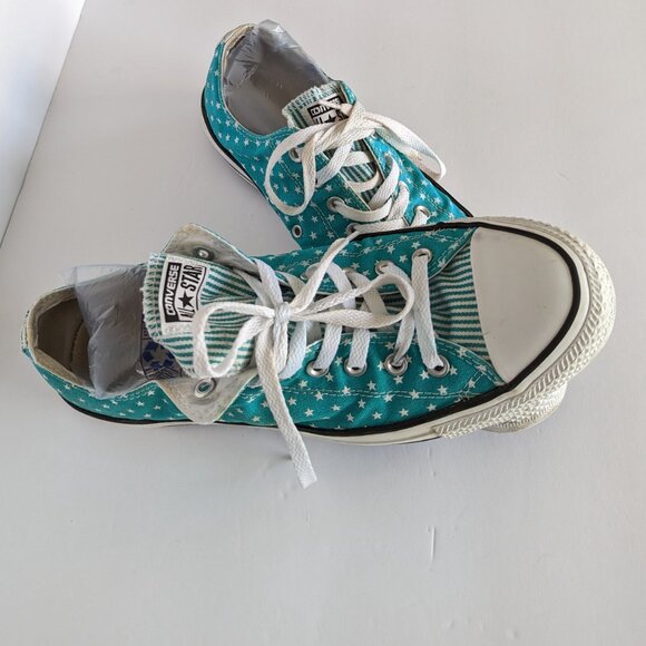 Converse Green All-Star Tennis Shoes with Star Canvas Upper, Striped Tongue Used - Picture 2 of 8